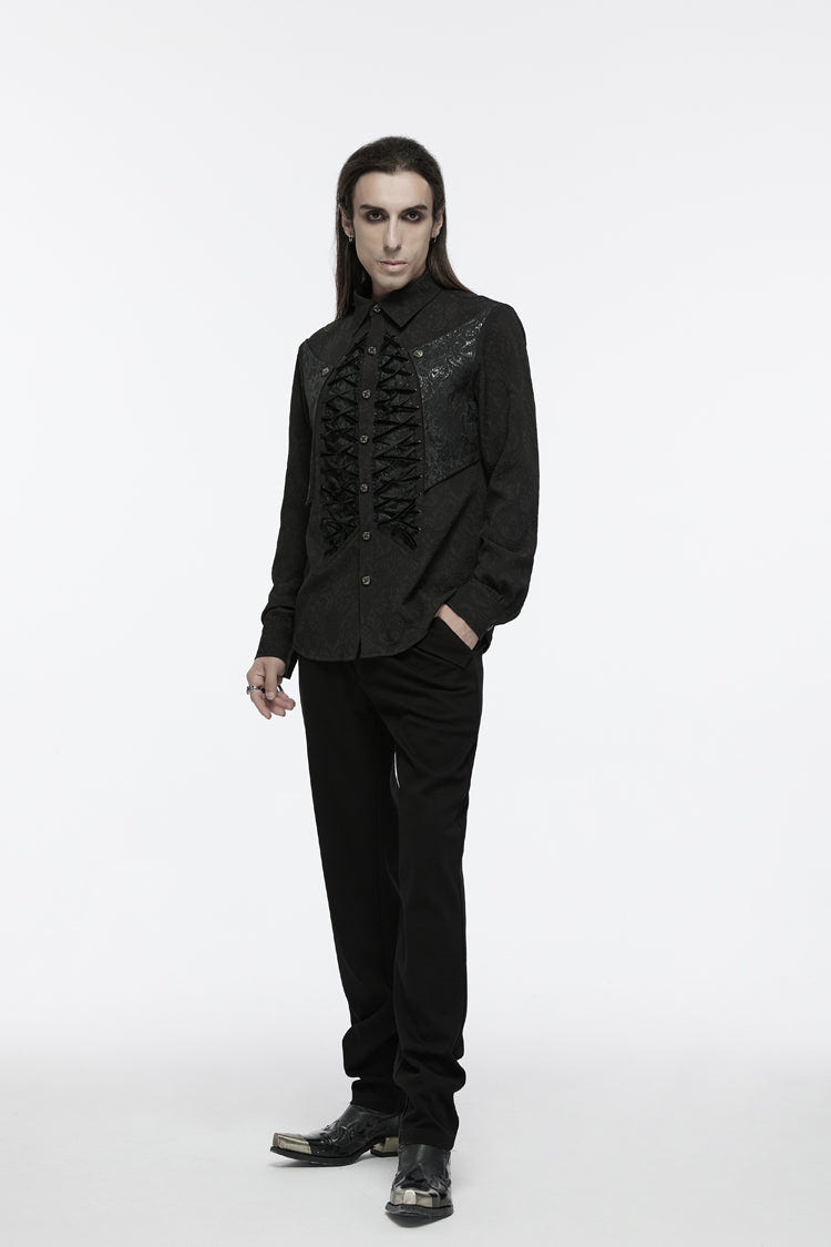 Black Lapel Collar Long Sleeves Jacquard Print Drawstring Lace-Up Men's Gothic Blouse - Product - 5