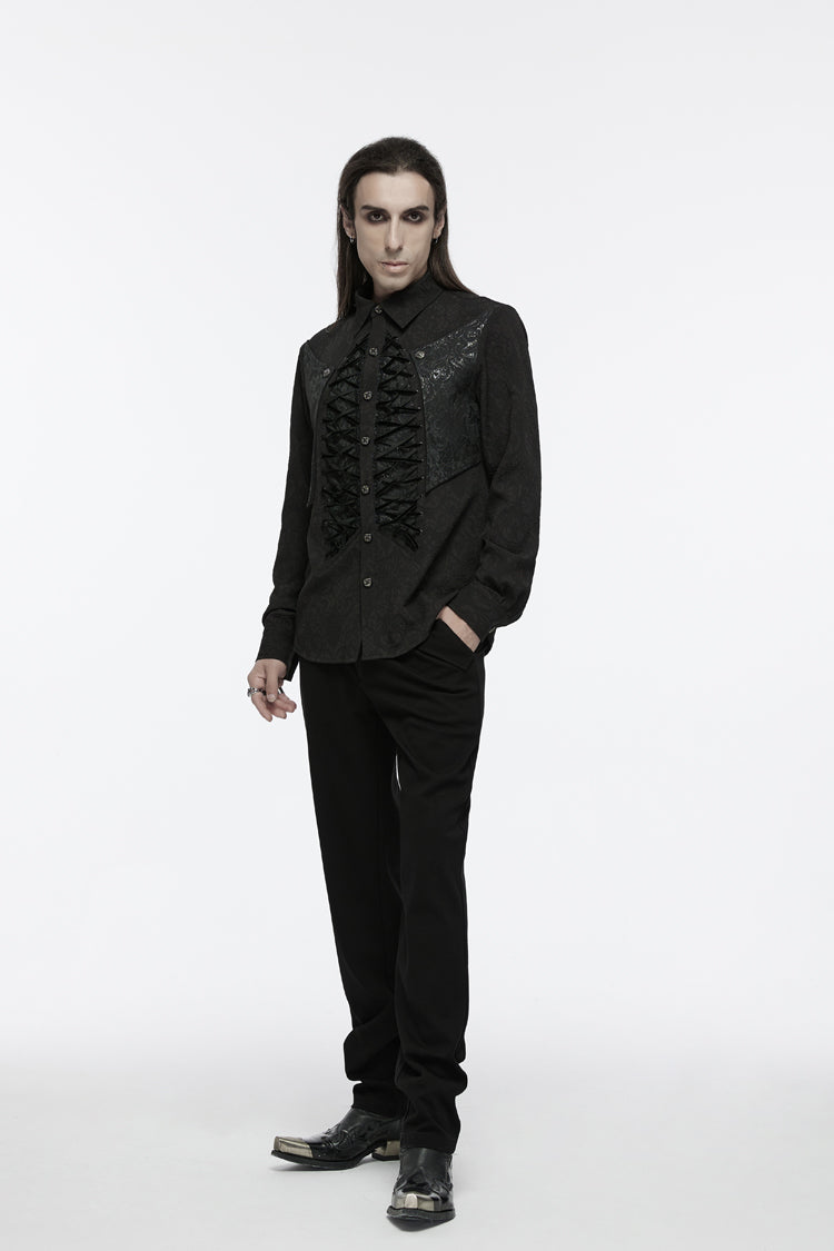 Black Lapel Collar Long Sleeves Jacquard Print Drawstring Lace-Up Men's Gothic Blouse - Product - 5