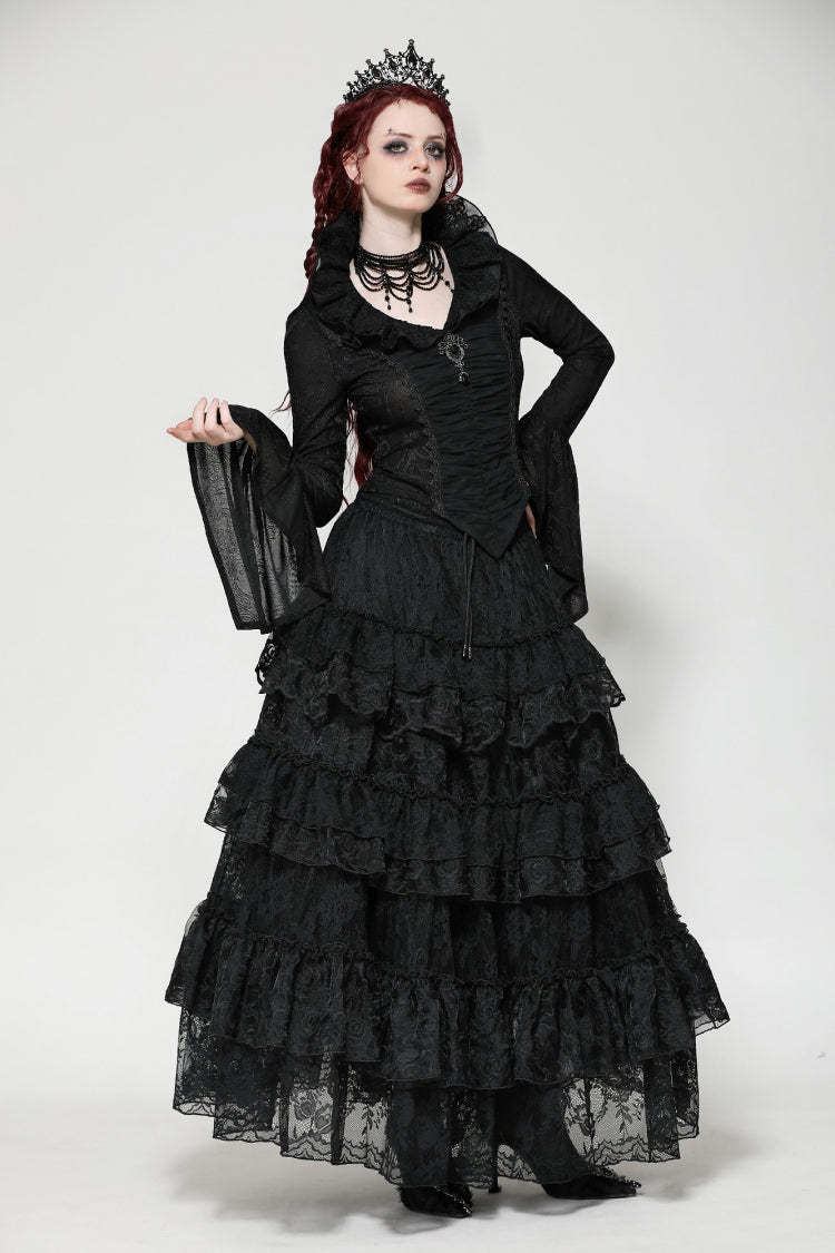 Black Lace Ruffled V Stand Collar Long Flared Sleeves Jacquard Women's Gothic Blouse - Product - 7