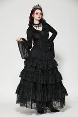 Black Lace Ruffled V Stand Collar Long Flared Sleeves Jacquard Women's Gothic Blouse - Product - 7
