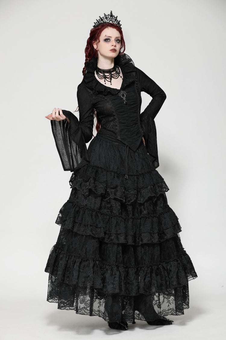 Black Lace Ruffled V Stand Collar Long Flared Sleeves Jacquard Women's Gothic Blouse - Product - 7