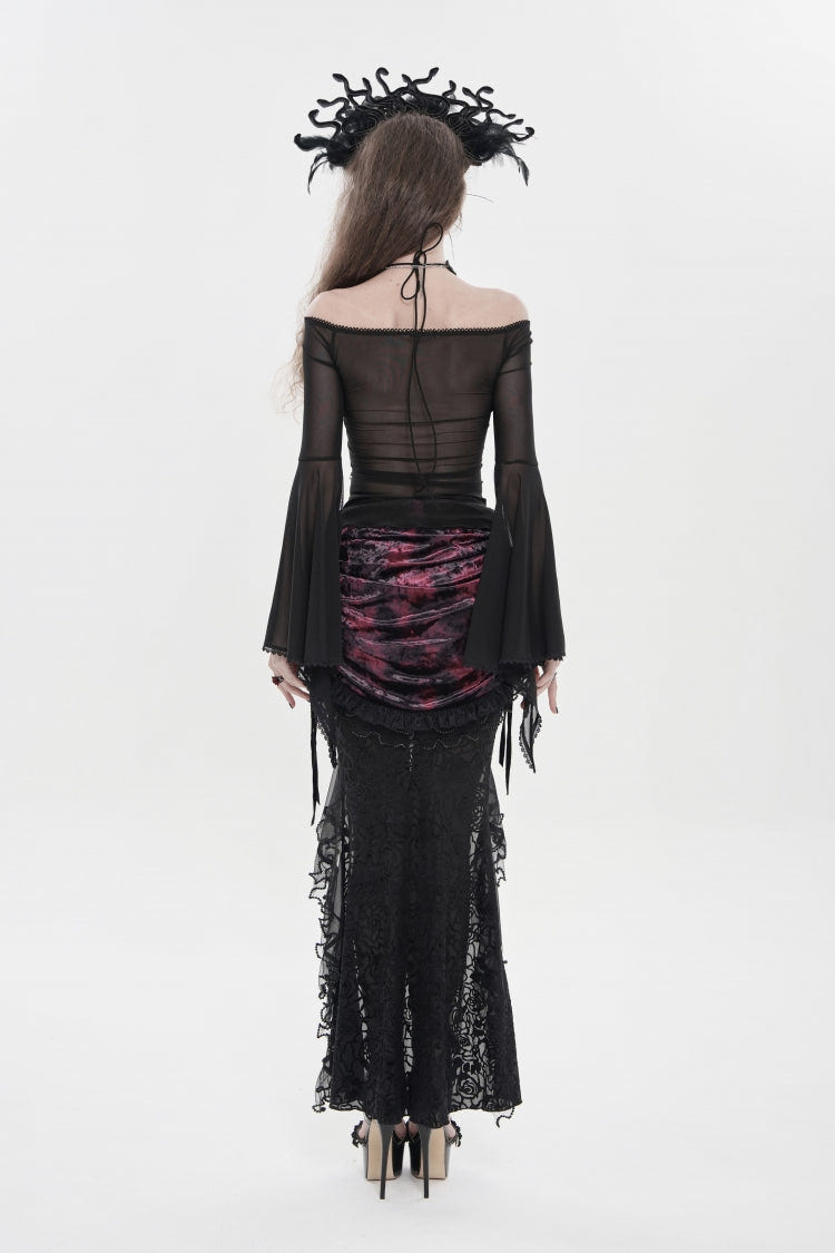 Black Off Shoulder Long Trumpet Sleeves Ruffled Embroidered Lace-Up Women's Gothic Blouse - Product - 8