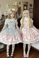 [Berry Dessert Bear] Printed Square Collar Sleeveless Ruffled Bow Casual Sweet Lolita Jsk Dress 2 Colors (Blue, Pink ) - Pink - 1