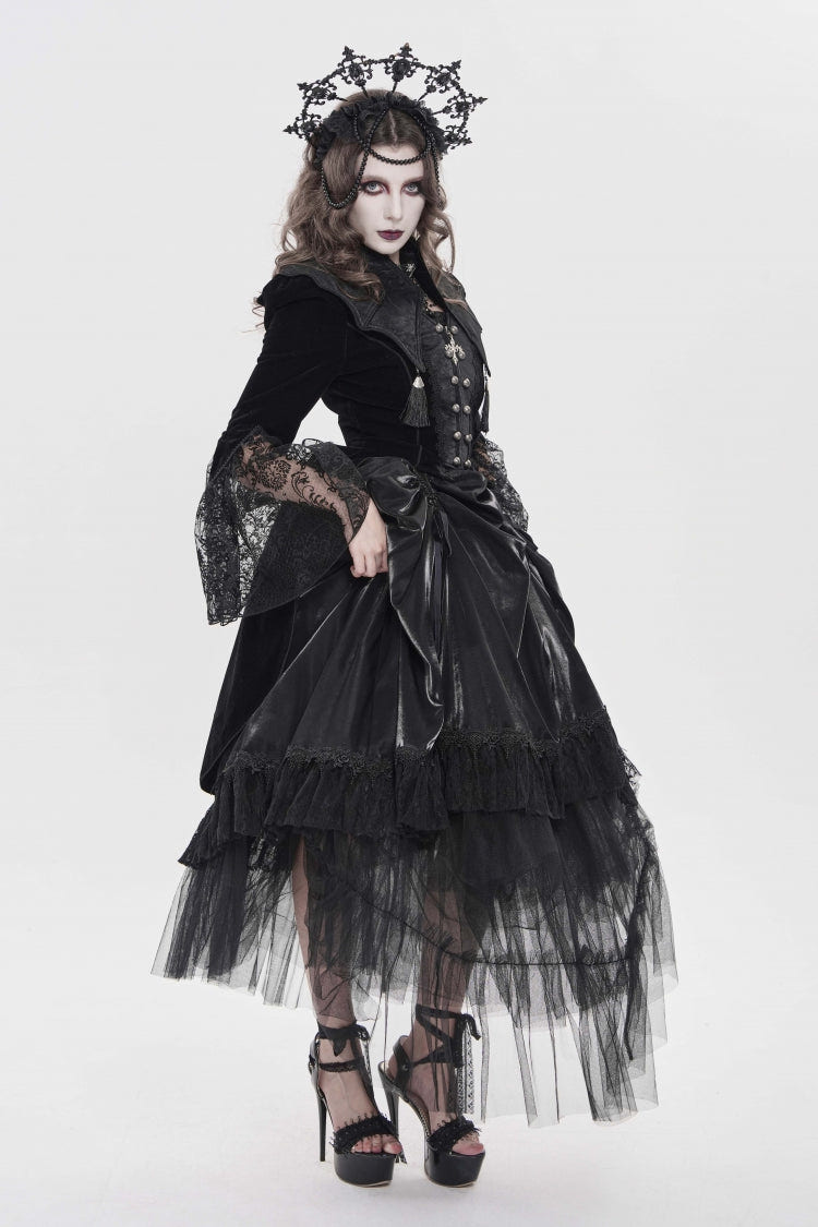 Black Long Trumpet Sleeves Embroidered Lace Slim Zippered Women's Gothic Bat Wing Collar Double-breasted Zip Jacket - Product - 9