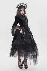 Black Long Trumpet Sleeves Embroidered Lace Slim Zippered Women's Gothic Bat Wing Collar Double-breasted Zip Jacket - Product - 9