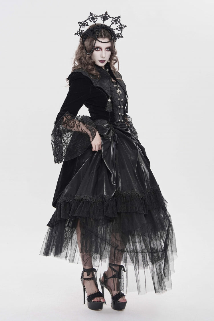 Black Long Trumpet Sleeves Embroidered Lace Slim Zippered Women's Gothic Bat Wing Collar Double-breasted Zip Jacket - Product - 9