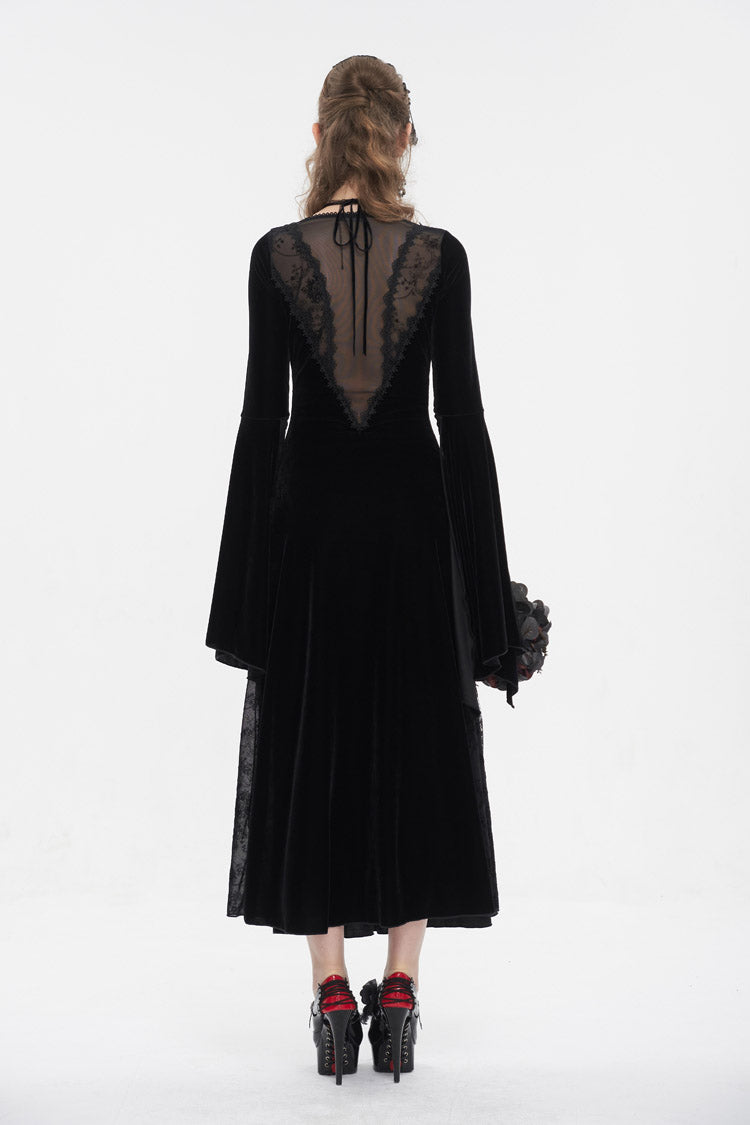 Black Velvet Mesh Splice Long Women's Gothic Dress - Product - 5