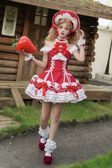 Wine Red Halterneck Short Sleeves Triple-Layered Polka Dot Printed Bow Lace-Up Sweet Lolita Dress - Product - 8