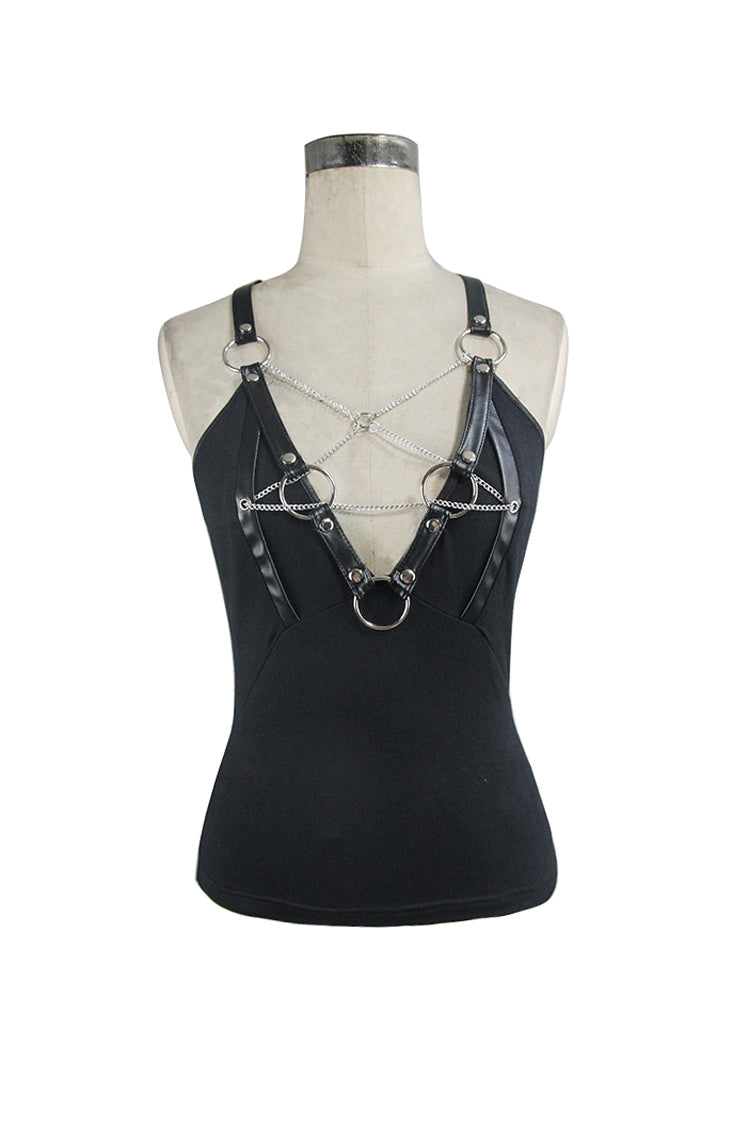 Black Chest Inverted Pentagram Chain Backless Metal Ring Leathrt Straps Women's Punk Vest - Product - 6