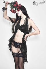 Black Frilly Tassel Hem Halter Lace Women's Gothic T-Shirt - Product - 2