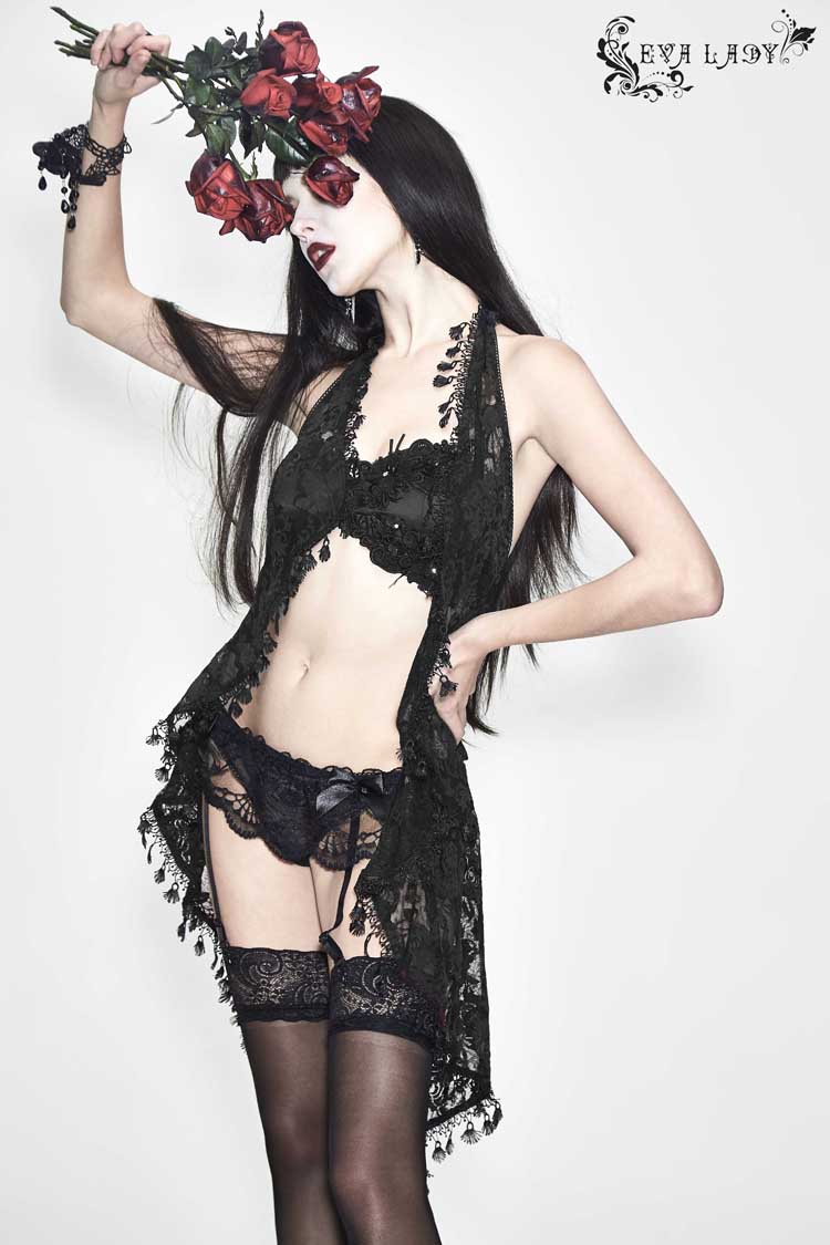 Black Frilly Tassel Hem Halter Lace Women's Gothic T-Shirt - Product - 2