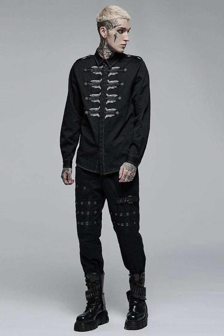 Black Lapel Collar Long Sleeves Skull Print Embroidery Mens Steampunk Blouse - Product - 4