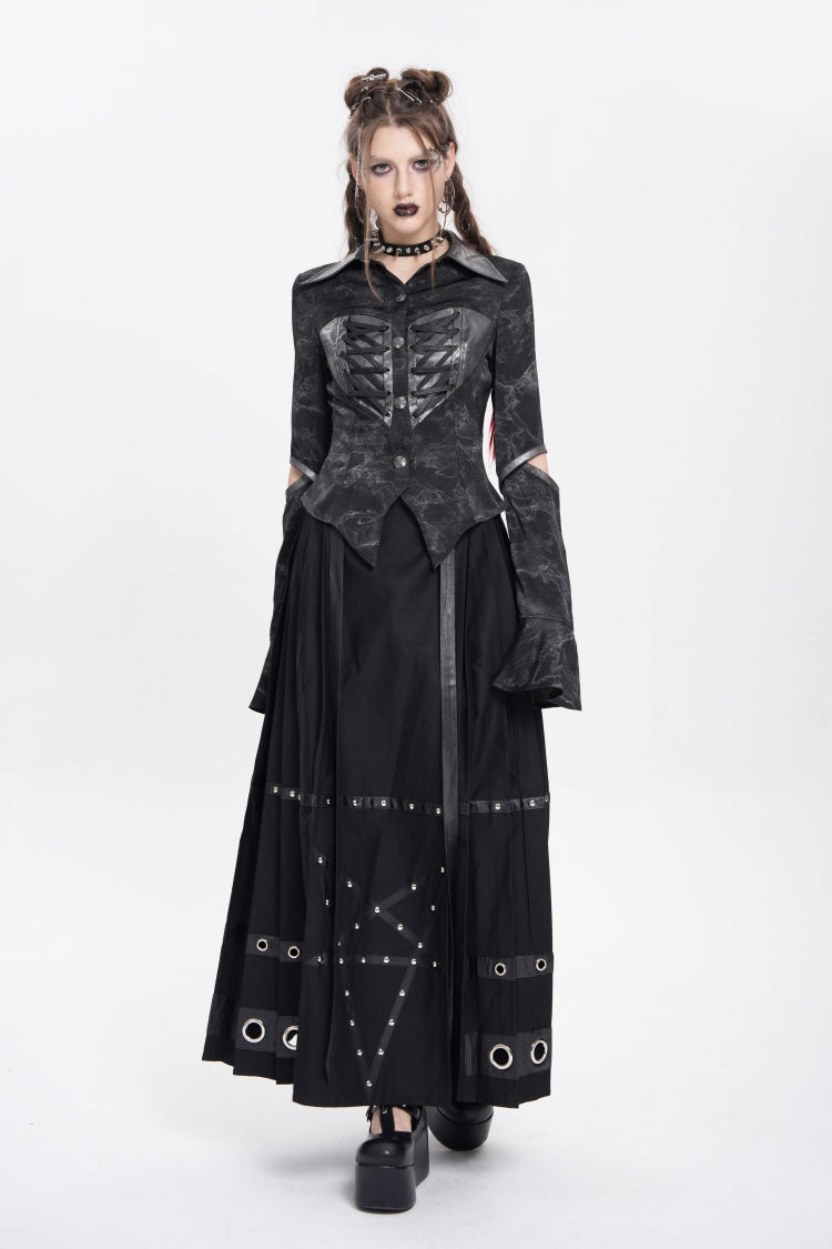 Black Lapel Collar Long Sleeves Print Lace-Up Cutout Women's Punk Blouse - Product - 13