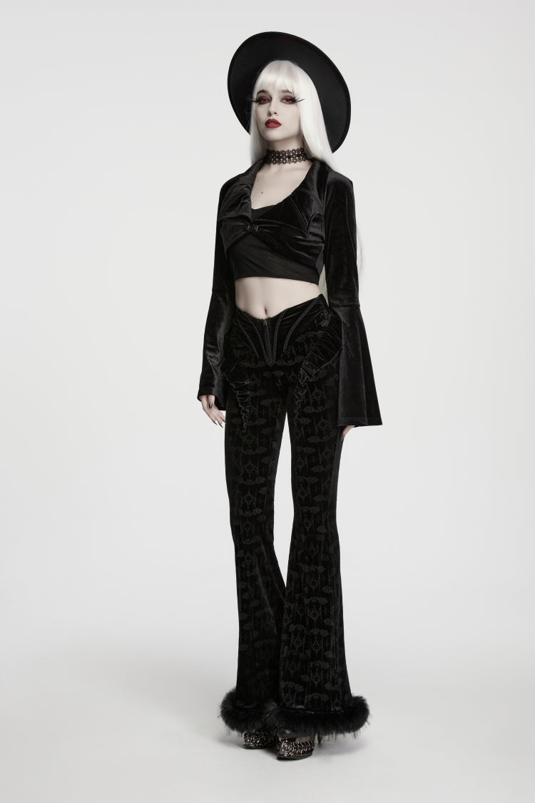 Black  Women's Gothic Velvet Bat Wing Collar Flare Sleeve Short Jacket - Product - 3