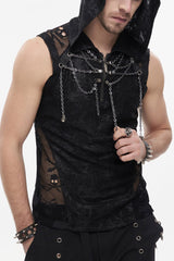 Black Skull Hollowed Out Print Stitched Sleeveless Chain Hoodie Men's Punk Shirt - Black - 1