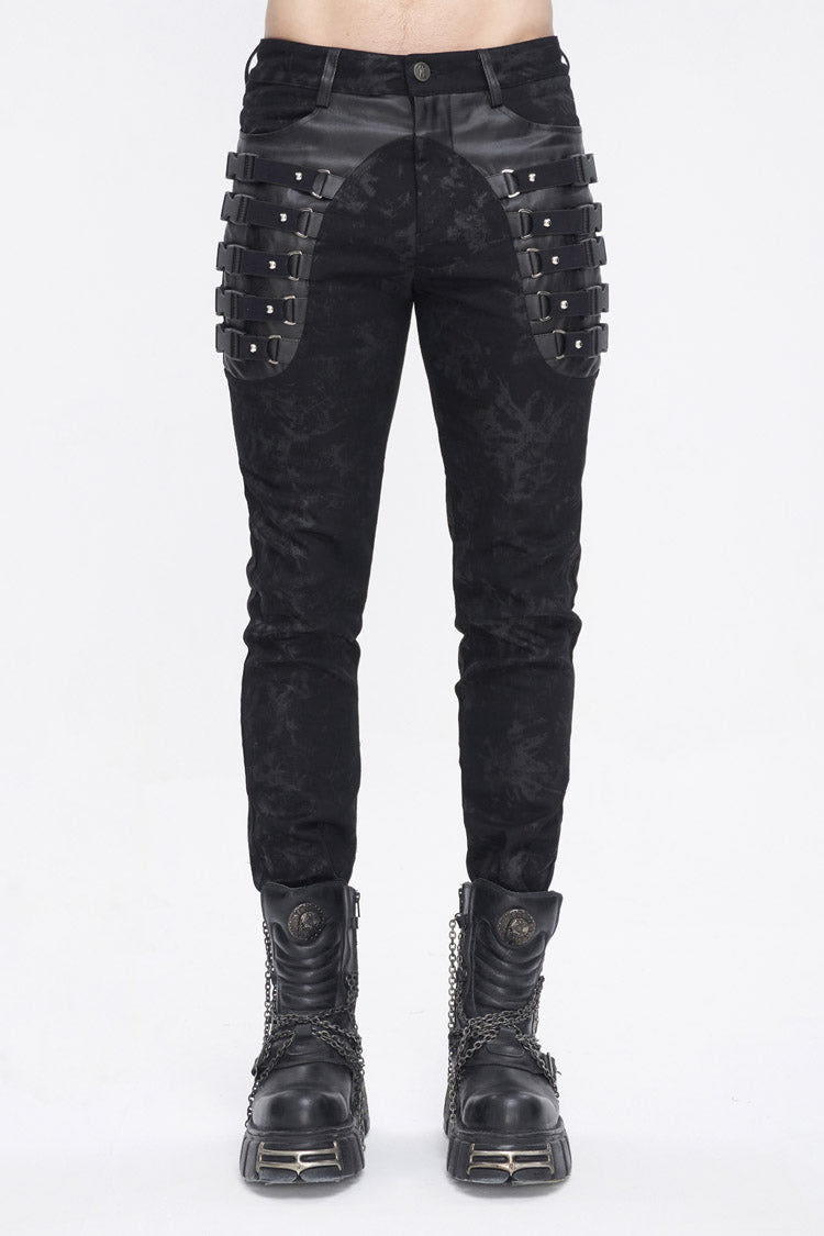Black Multi Buckle Distressed  Print Men's Punk Pants - Black - 1