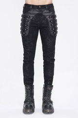 Black Multi Buckle Distressed  Print Men's Punk Pants - Black - 1