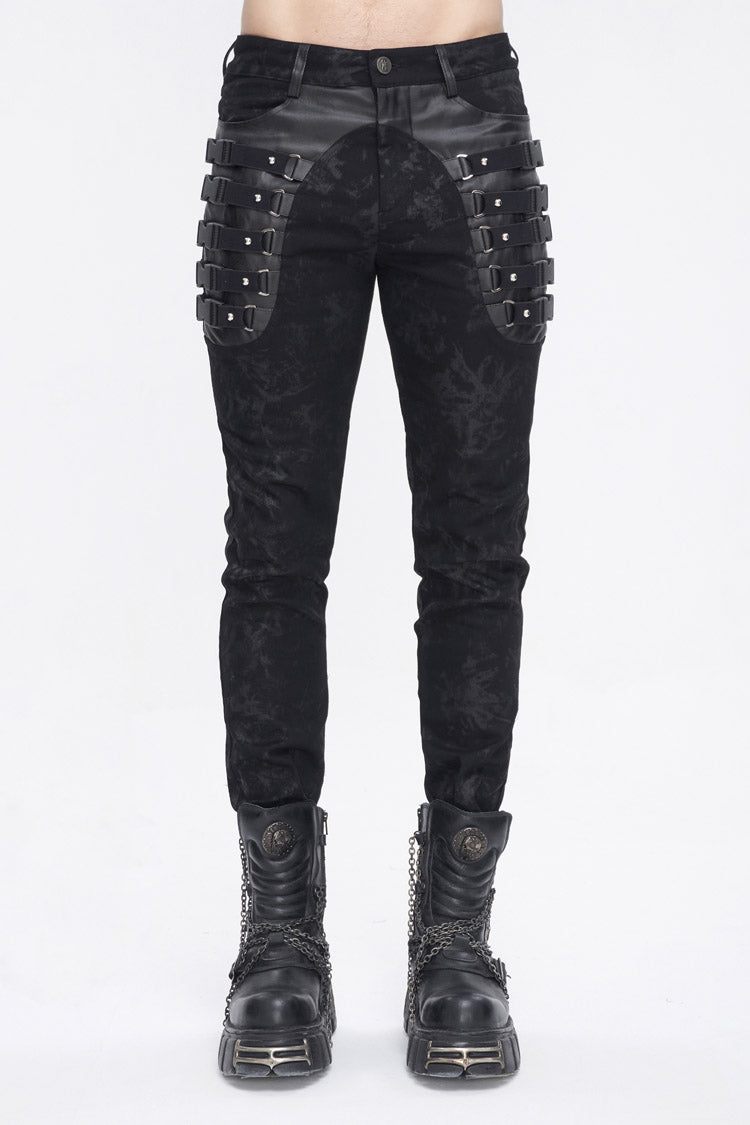 Black Multi Buckle Distressed  Print Men's Punk Pants - Black - 1