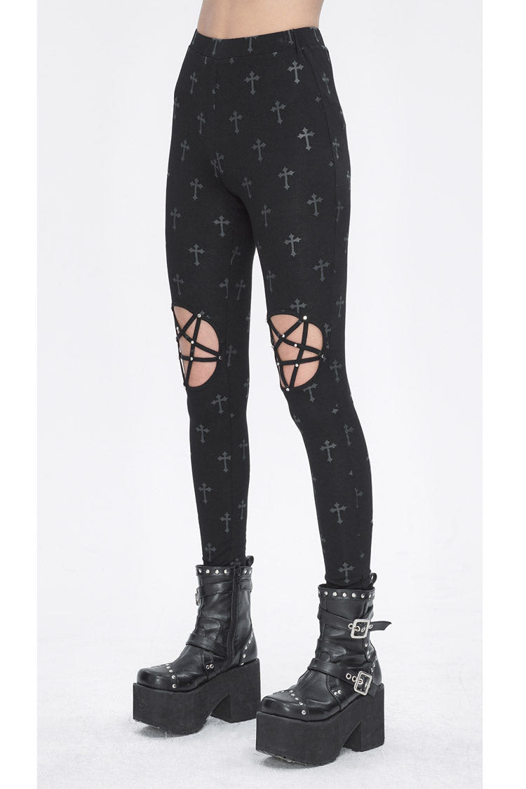 Black Print Hollow Women's Punk Leggings - Product - 3