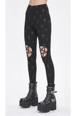 Black Print Hollow Women's Punk Leggings - Product - 3