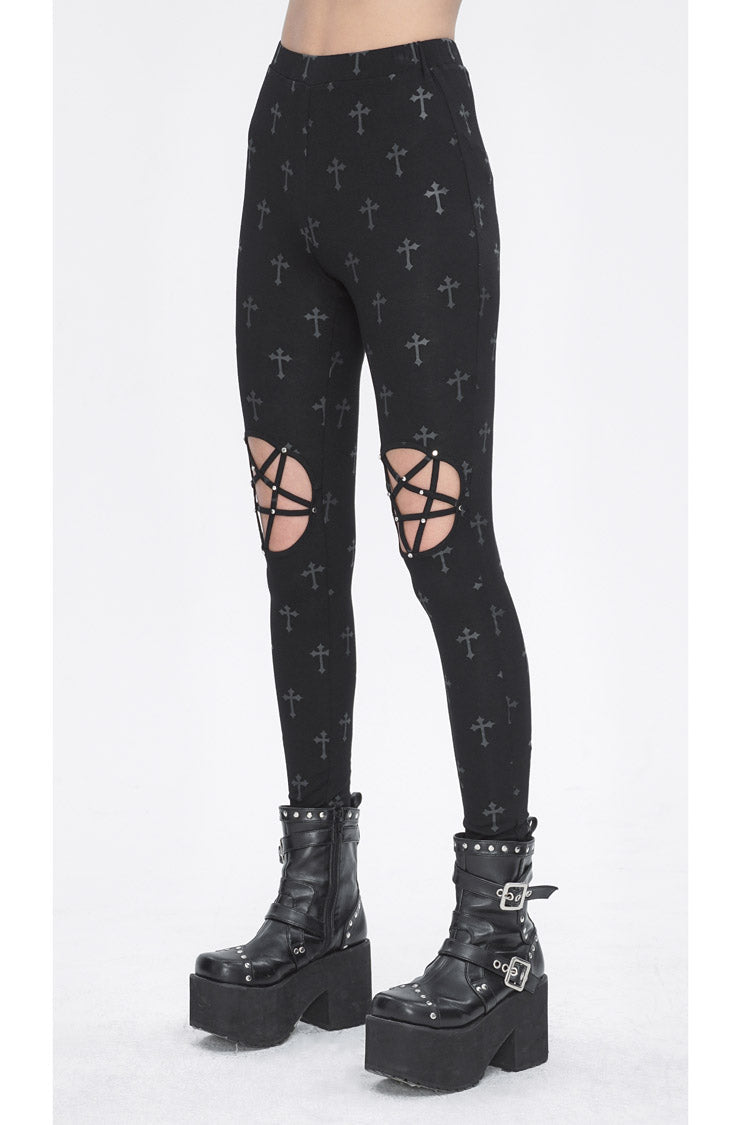 Black Print Hollow Women's Punk Leggings - Product - 3