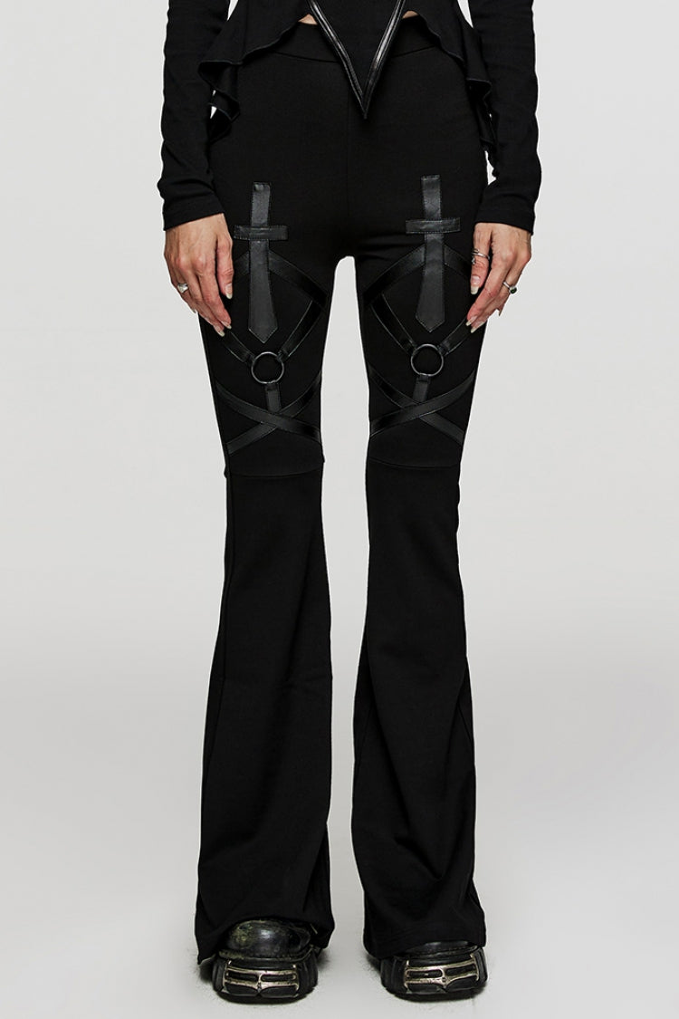 Black Cross Stitching Metal Ring Women's Steampunk Flared Pants - Black - 1