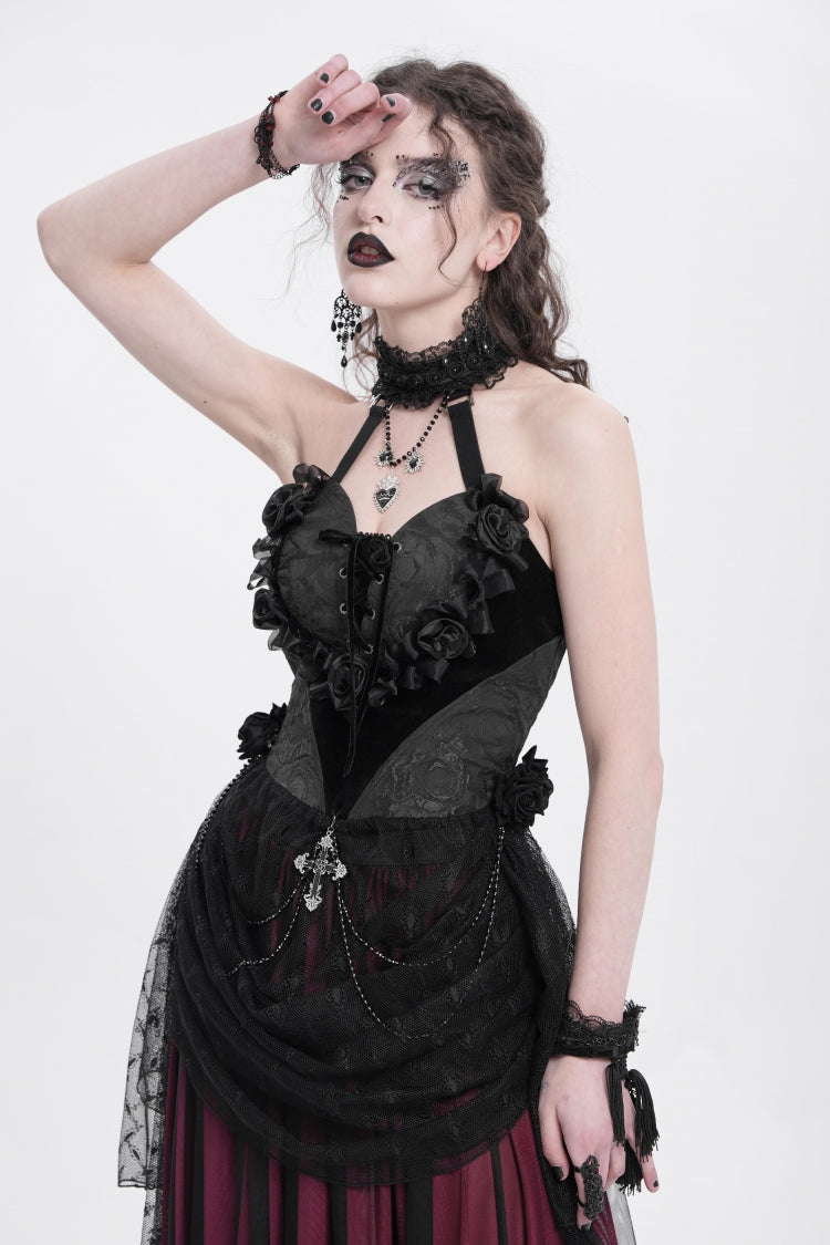 Black Halterneck Sleeveless Embroidery Stitching Rose Heart Lace Women's Gothic Blouse - Product - 2