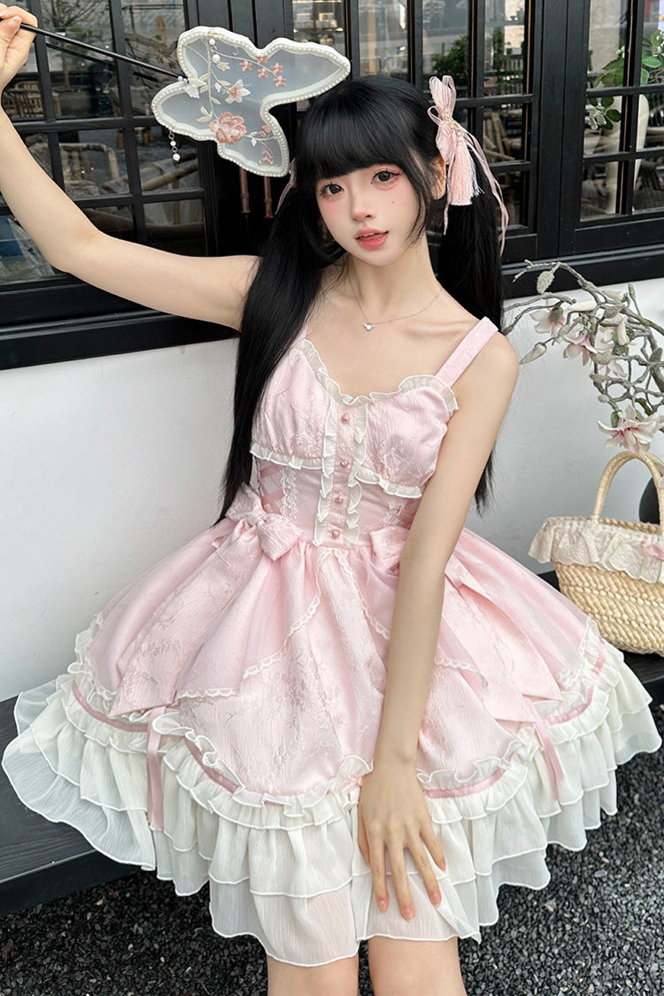 Pink [Spring Flower Notes] Ruffle Bowknot Lace Sweet Princess Lolita Jsk Dress - Product - 7