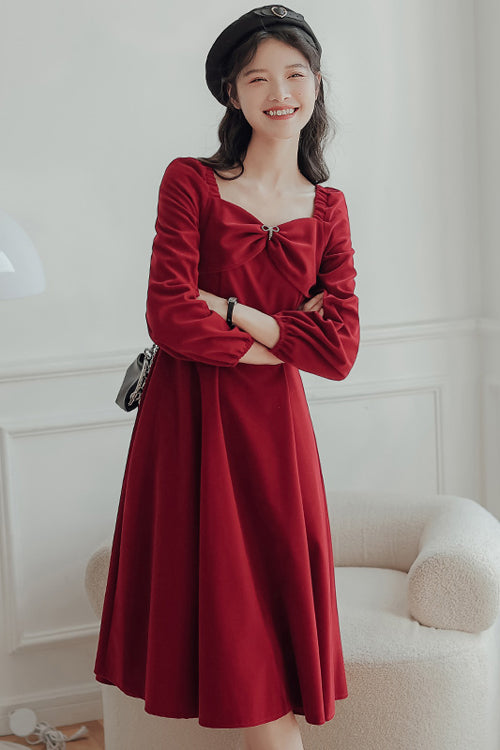Red French Hepburn Velvet Square Collar Long Sleeves High Waisted Sweet Lolita OP Dress - Product - 2