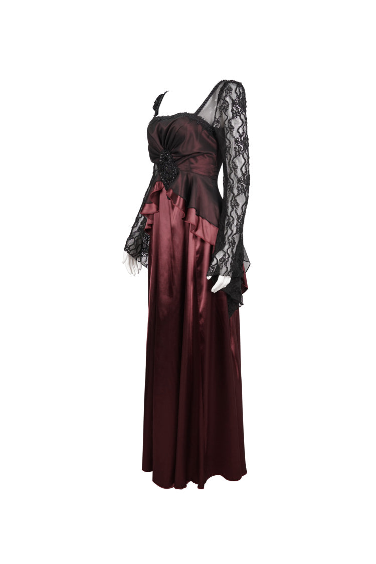 Red Lace Pointy Large Sleeves Back Middle Zipper Satin Long Floor Length Women's Gothic Dress - Product - 6
