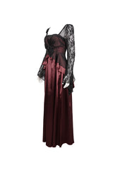 Red Lace Pointy Large Sleeves Back Middle Zipper Satin Long Floor Length Women's Gothic Dress - Product - 6