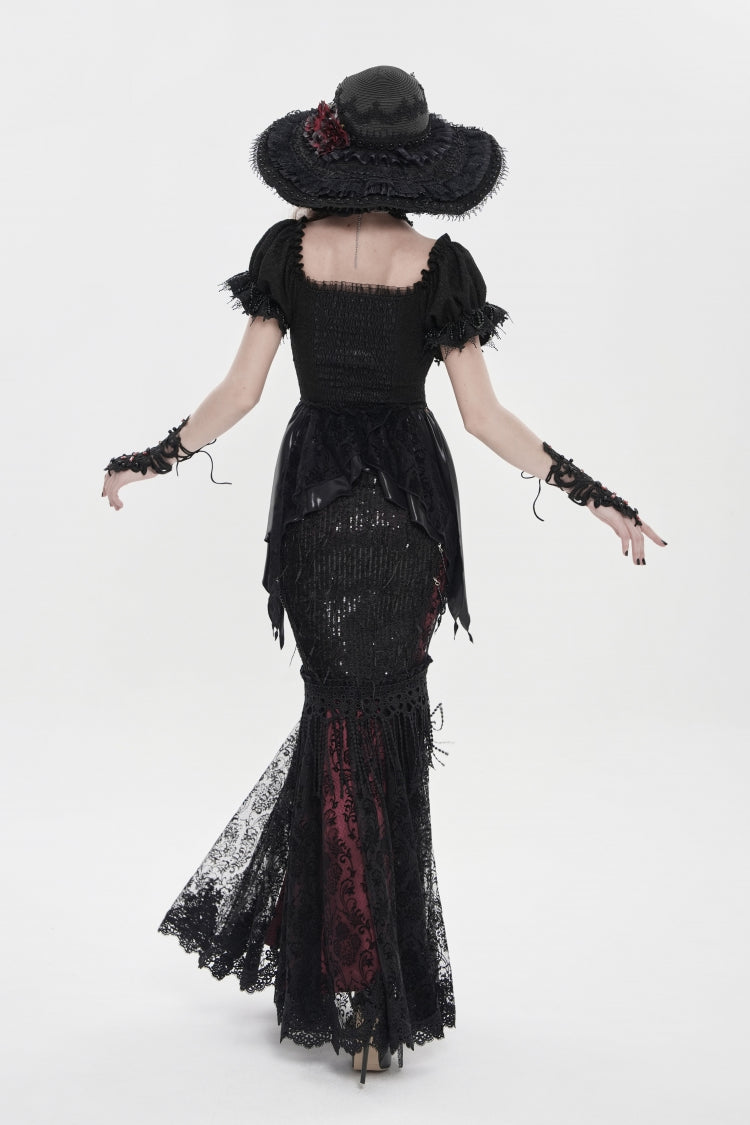 Black/Red Double-Layered Embroidered Lace Slim Pearl-Decorated Women's Gothic Skirt - Product - 3
