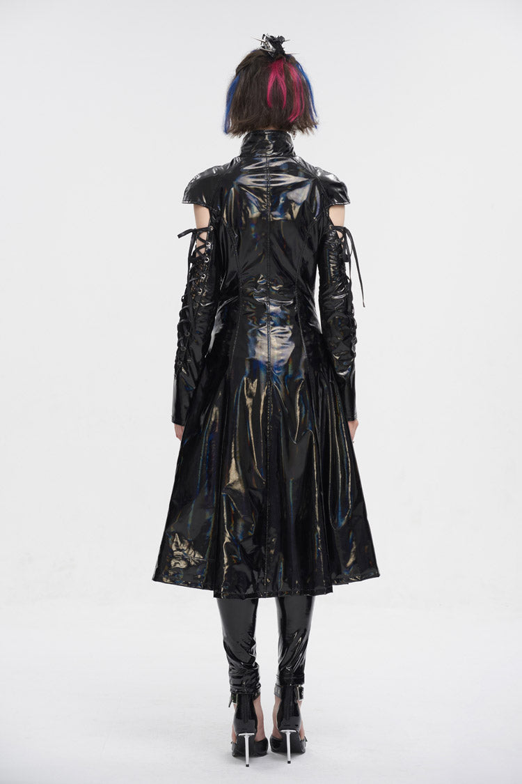 Black Lace Up Mesh Splice Patent Leather Long Women's Punk Coat - Product - 5