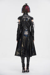 Black Lace Up Mesh Splice Patent Leather Long Women's Punk Coat - Product - 5