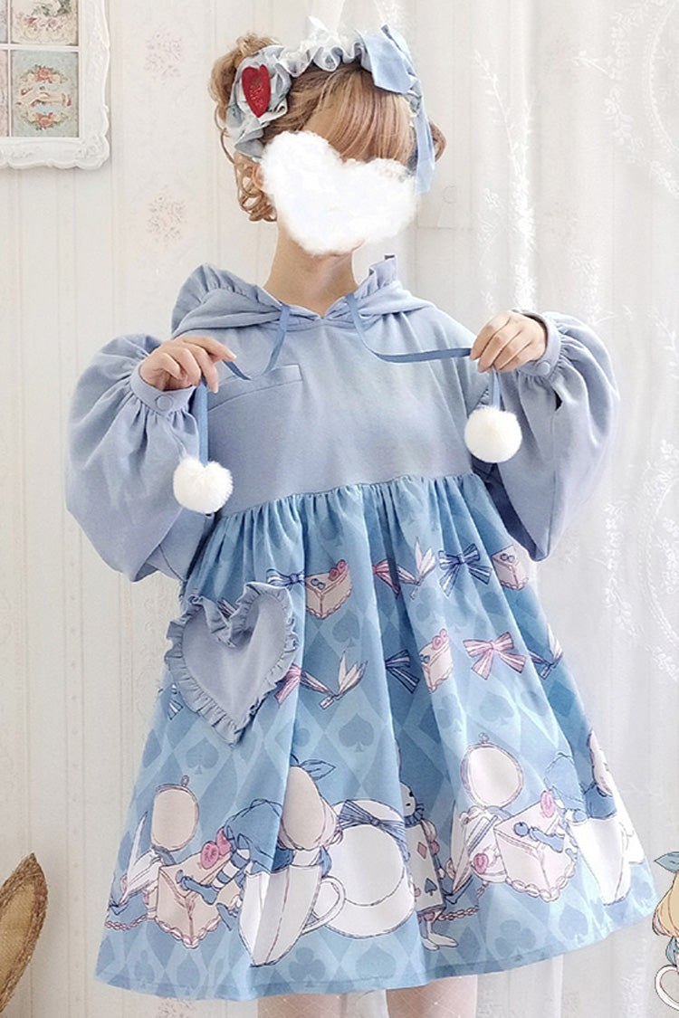 Blue Lantern Long Sleeves Alice Rabbit Print Hooded Cute Sweet Lolita OP Dress - Product - 5