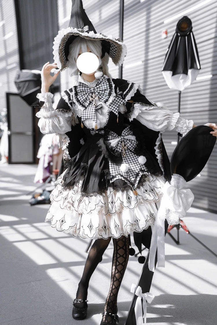 Black/White [Little Witch] Ruffle Embroidery Bowknot Gothic Lolita Jsk Dress Full Set - Black/White - 1