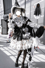 Black/White [Little Witch] Ruffle Embroidery Bowknot Gothic Lolita Jsk Dress Full Set - Black/White - 1