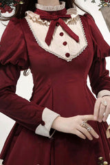 Wine Red [New Year] Stand Collar Long Sleeves Ruffled Bow Classic Lolita Dress - Product - 2