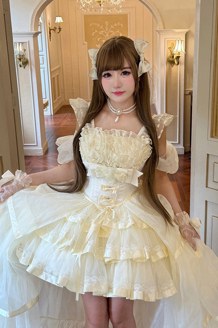 Beige [Mousse Love Song] Off Shoulder Sleeveless Triple-Layered Ruffled Hanayome Bow Sweet Elegant Ballet Lolita Short Dress Set - Beige-Sleeves(Only) - 7