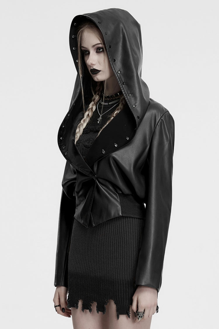 Black Long Sleeves Elastic Waist Faux Leather Hooded Women's Punk Jacket - Product - 2