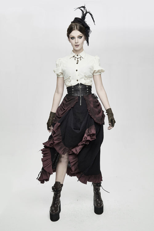 Burgundy Printed Drawstring Steampunk Womens Half Skirt - Product - 5
