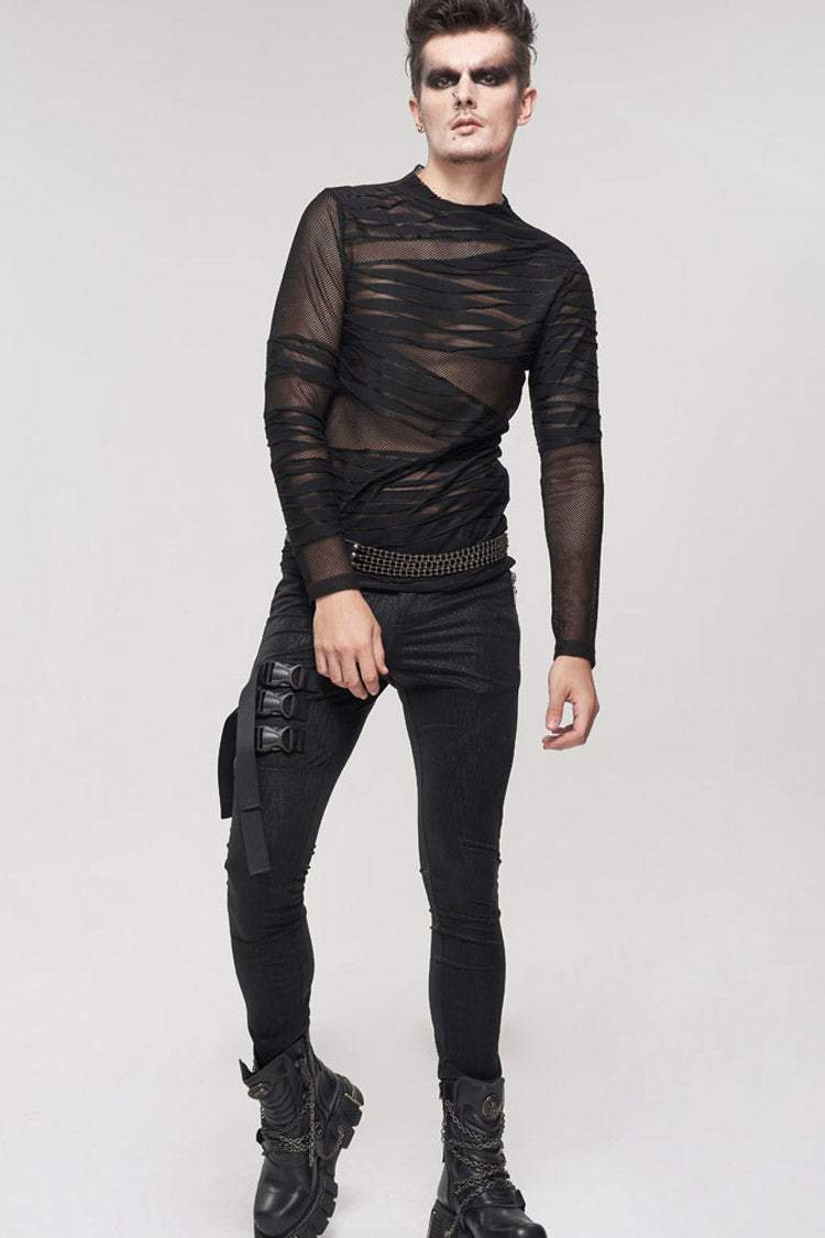 Black Gothic Bandage Design Net Yarn Perspective Men's Sweater - Product - 5