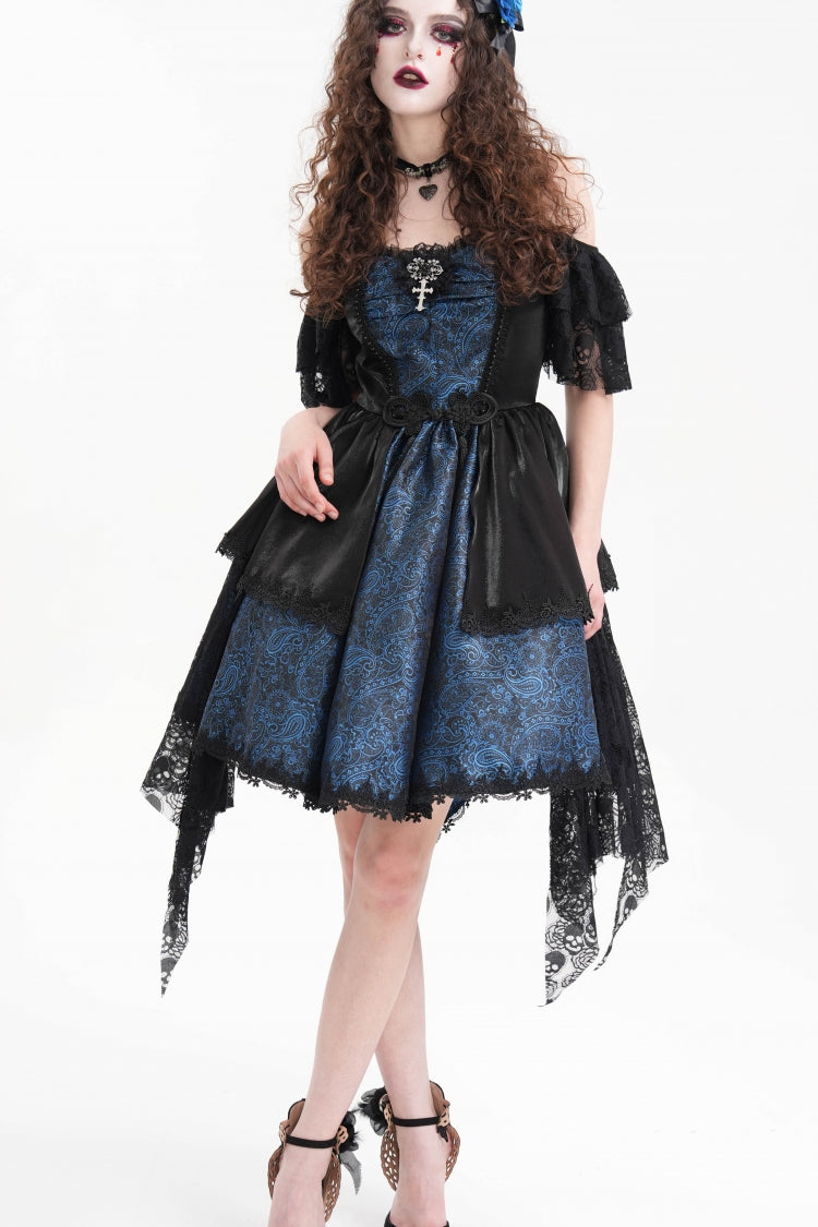 Blue Halterneck Lace Lace-Up Irregular Hem Women's Gothic Dress - Product - 6
