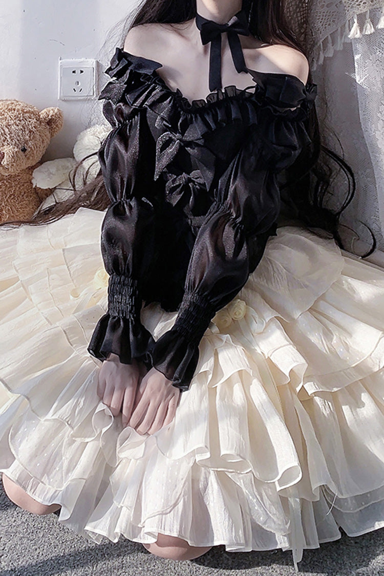 Black Top and Apricot Bowknot Sweet Princess Lolita Layered Skirt Dress - Product - 6
