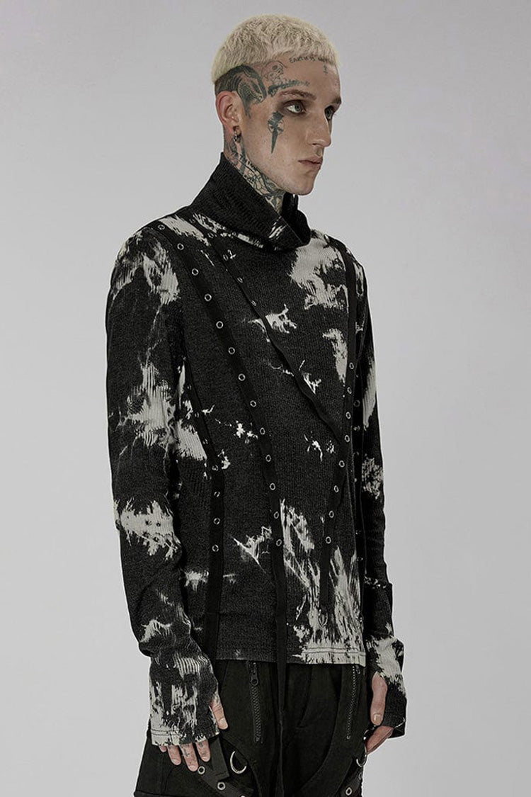 Black/White Punk Asymmetric Metal Buckle Side Button Tie Dye High Neck Basic Long Sleeve Men's Shirt - Product - 2