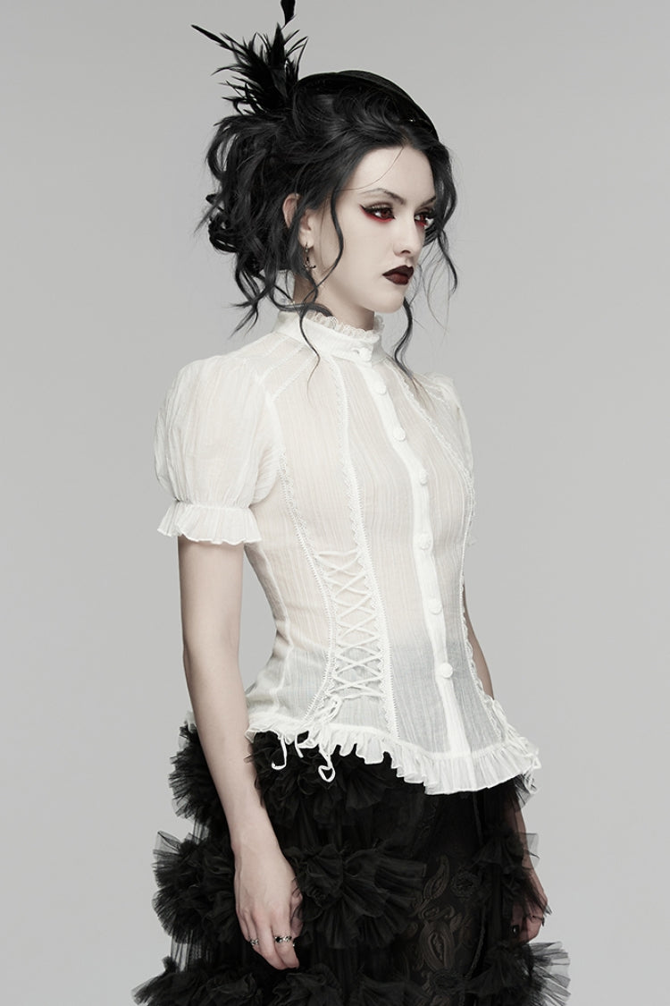 White Stand Collar Short Puff Sleeves Ruffled Lace-Up Women's Gothic Blouse - Product - 2