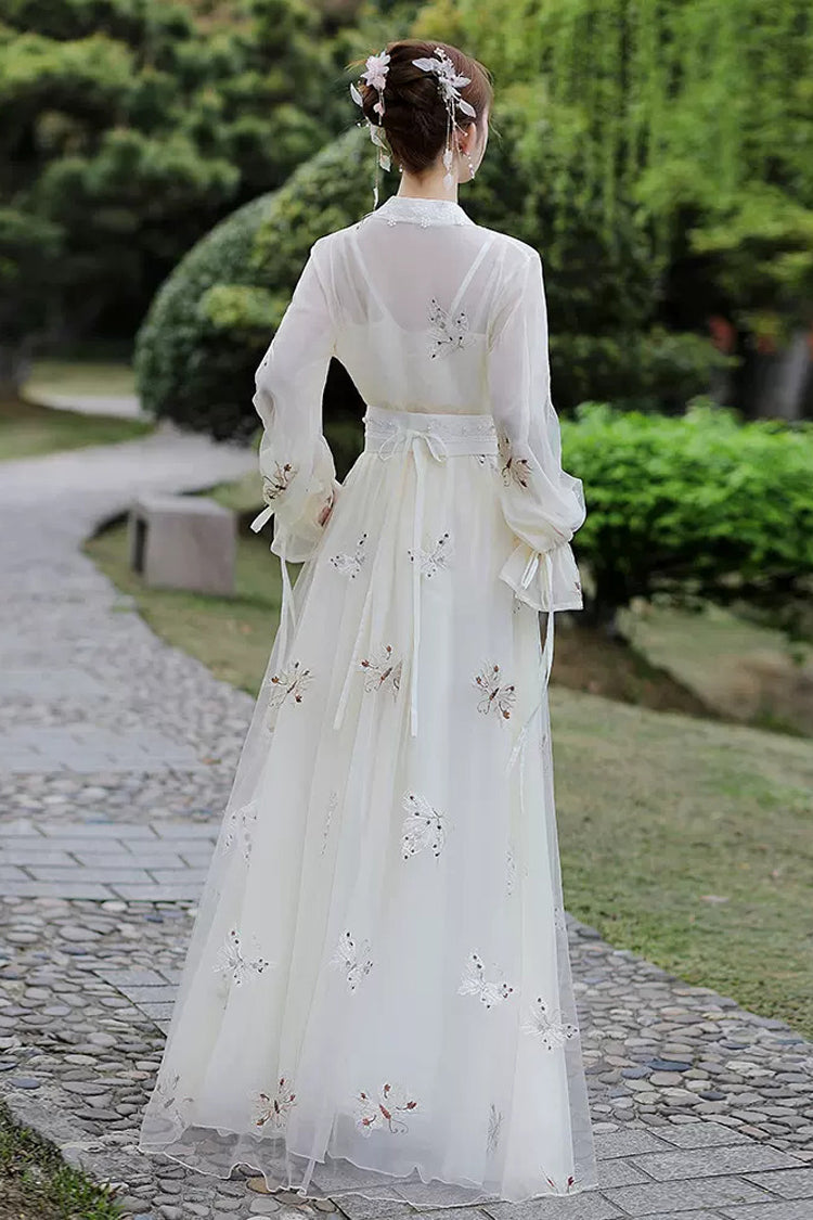 White Long Sleeves Butterfly Embroidery Women's Gorgeous Hanfu Dress - Product - 4