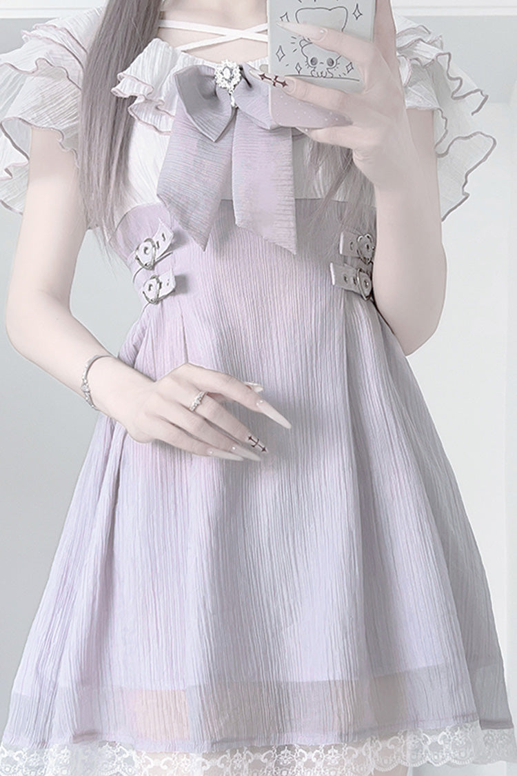 Purple Short Sleeves Ruffle Bowknot Lace Jirai Kei Japanese Dress - Product - 6
