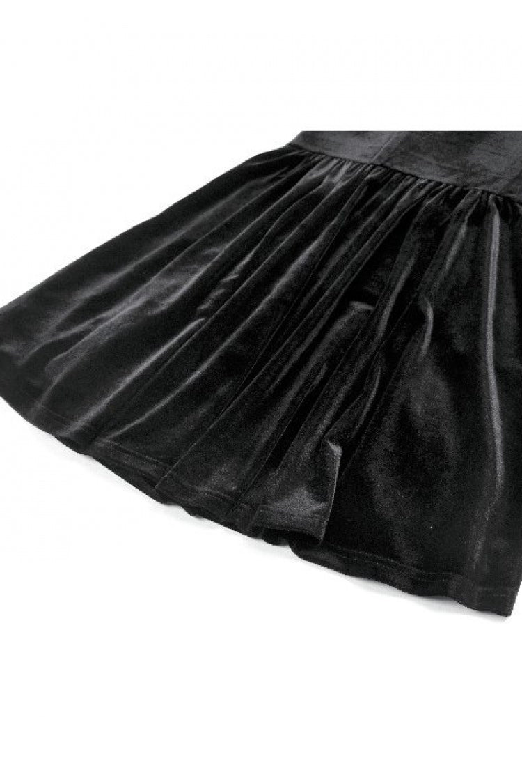 Black Square-Cut Collar Short Puff Sleeves Lace Patchwork Velvet Lace-Up Women's Gothic Vintage Dress - Product - 18