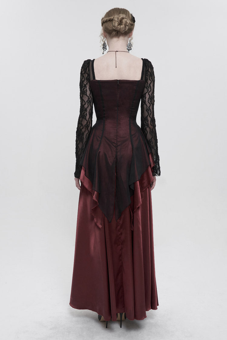 Red Lace Pointy Large Sleeves Back Middle Zipper Satin Long Floor Length Women's Gothic Dress - Product - 4